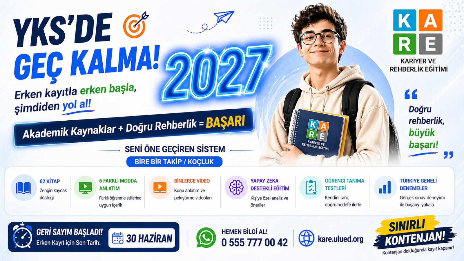 YKS 2027 erken kayıt, 62 kitap, binlerce video, yapay zeka destekli eğitim ve birebir takip tanıtımı