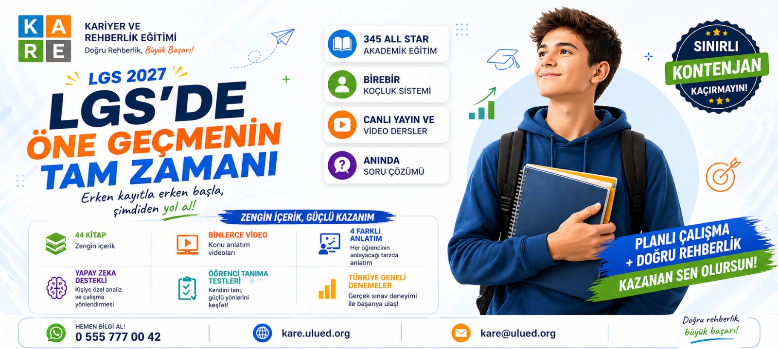 LGS 2027 hazırlık, 44 kitap, canlı yayın ve video dersler, birebir koçluk ve anında soru çözümü tanıtımı