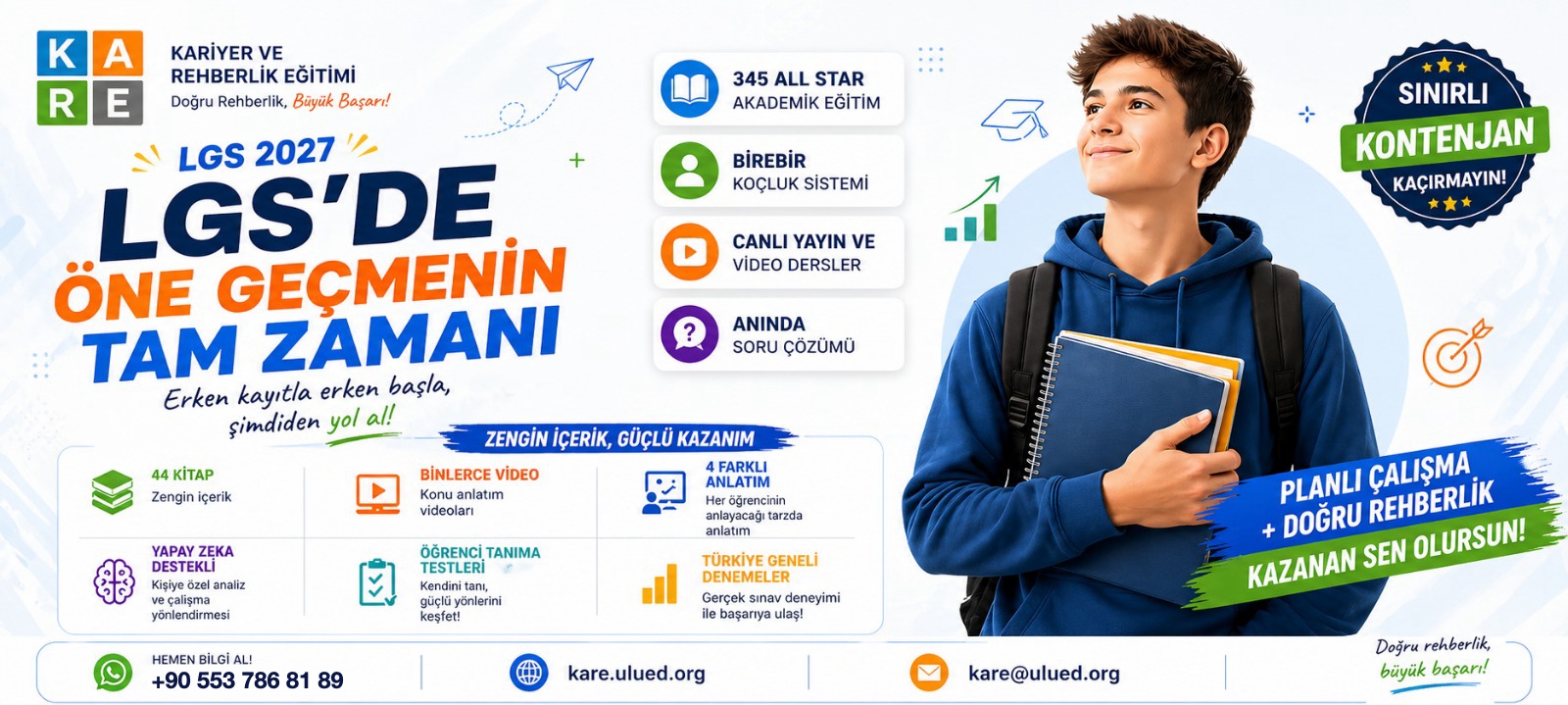 LGS 2027 hazırlık, 44 kitap, canlı yayın ve video dersler, birebir koçluk ve anında soru çözümü tanıtımı